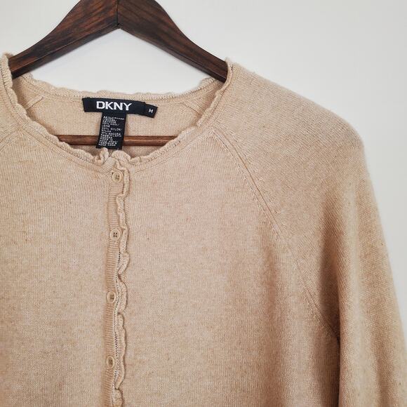 Vintage 90s Y2K Wool Angora Ruffle Cardigan Tan Small - Picture 8 of 10